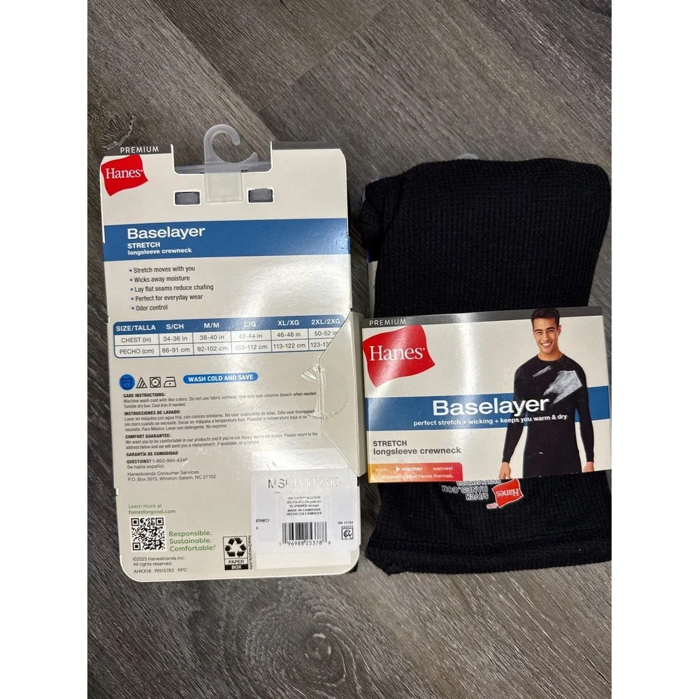 Hanes Premium Mens Baselayer Set of 2‎ Black Waffle Long Sleeve Crewneck small